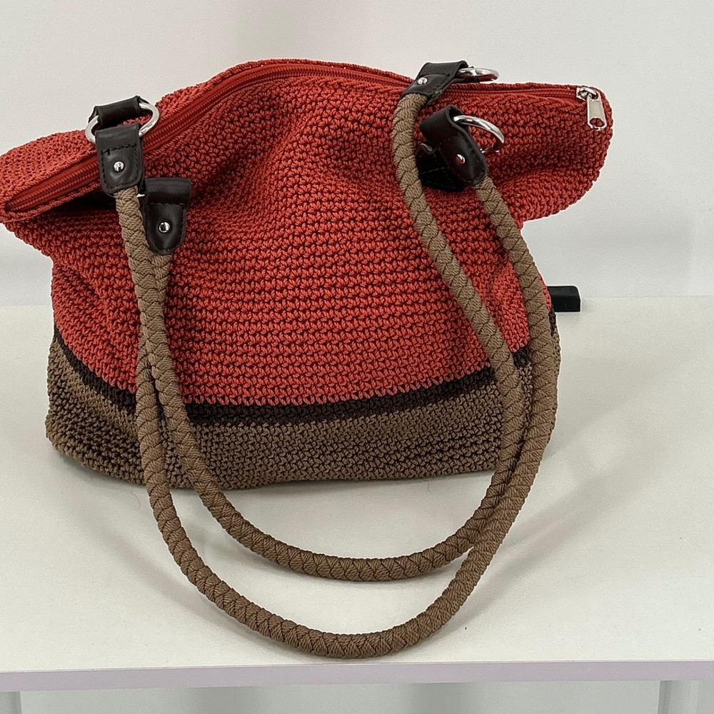 Croft & Barrow Orange Brown Crochet‎ Knit Hobo Shoulder Tote Boho Summer Beach